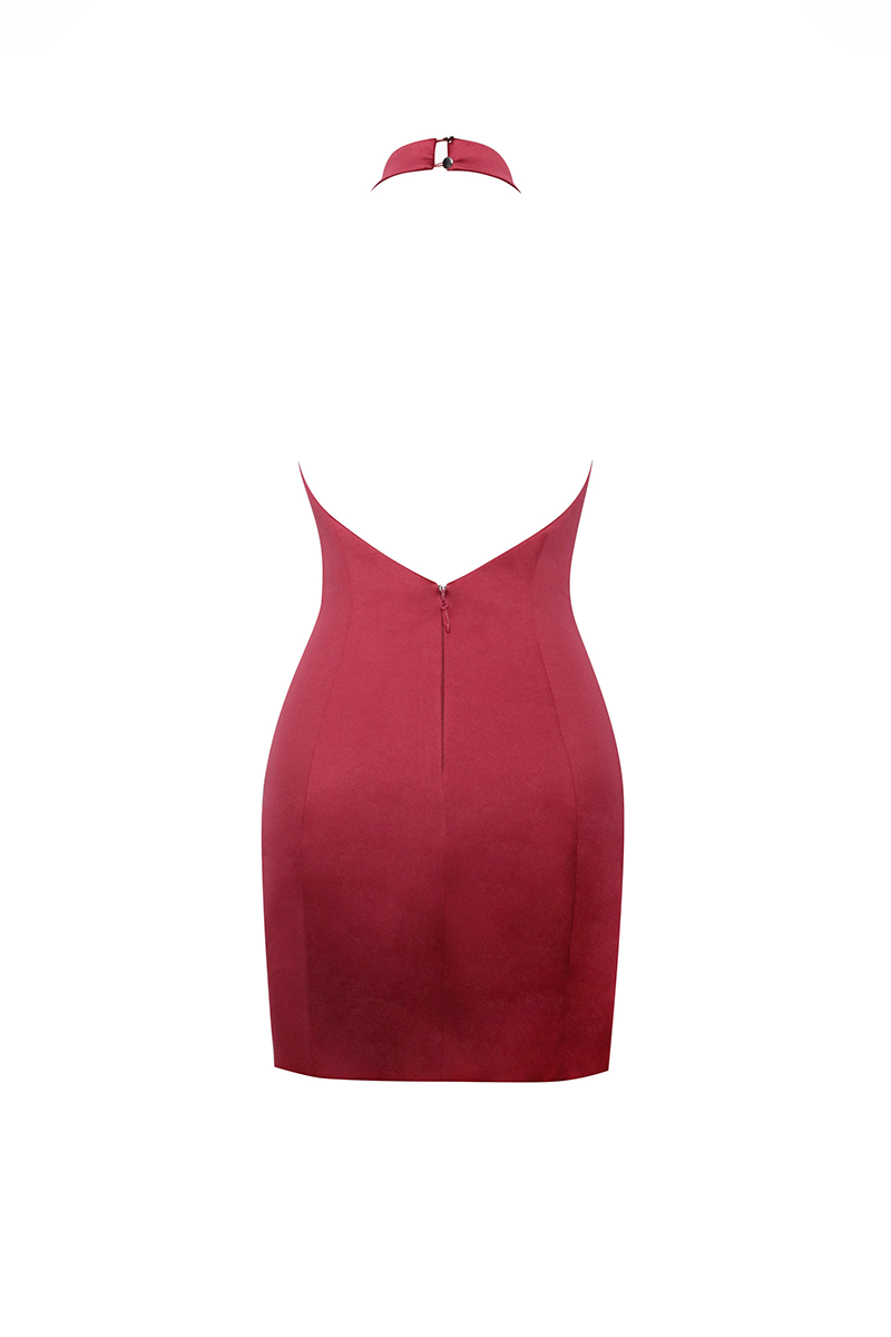 Halter Open Back Bodycon Decorative Flap Pockets Mini Dresses-Red-Hayhty.All Rights Reserved.
