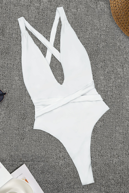 Deep V Neck Crossover Backless Tie Up One-Piece Swimsuit-Orange-Hayhty.All Rights Reserved.