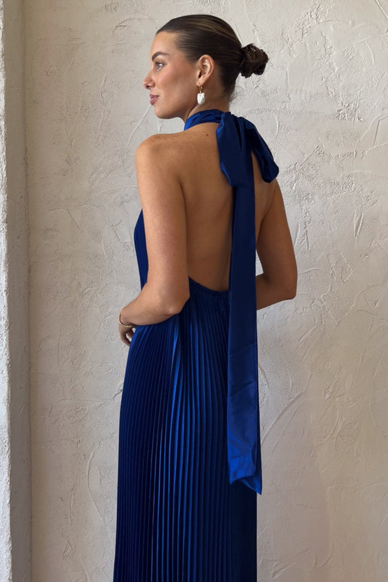 Halter Tied Up Cutout Neck Pleated Backless Asymmetric Hem Wedding Guest Maxi Dresses-Hayhty.All Rights Reserved.