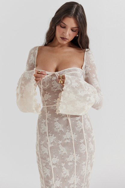 Square Neck Long Flare Sleeve Jacquard Fishtail Garden Party Maxi Dresses-White-Hayhty.All Rights Reserved.