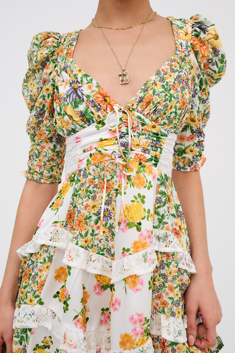 Floral Print V Neck Juliet Sleeve Lace Ruffled Trim A-Line Mini Dresses-Green-Hayhty.All Rights Reserved.