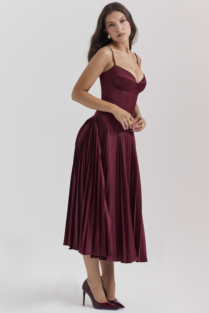Irregular Neck Corset A-Line Pleated Hem Satin Slip Midi Dresses-Burgundy-Hayhty.All Rights Reserved.