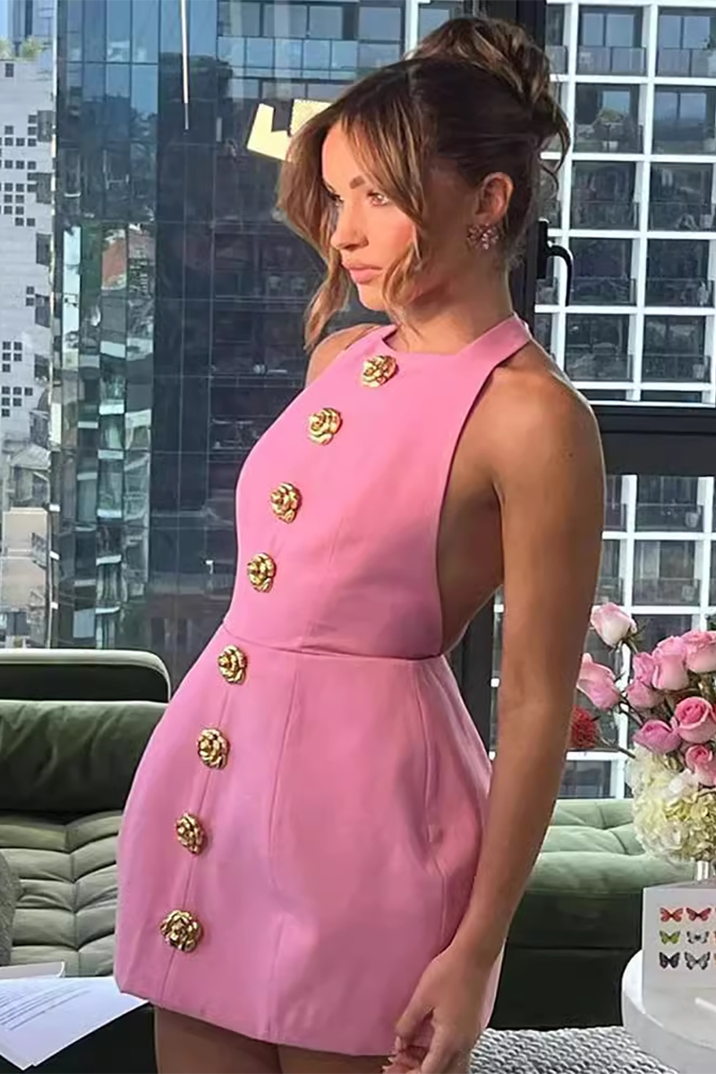 Metal Floral Decor Sleeveless Puffy Hem Backless Party Mini Dresses-White-Hayhty.All Rights Reserved.