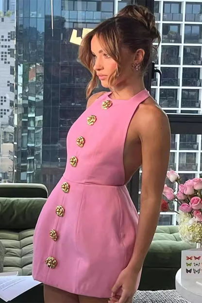 Metal Floral Decor Sleeveless Puffy Hem Backless Party Mini Dresses-White-Hayhty.All Rights Reserved.