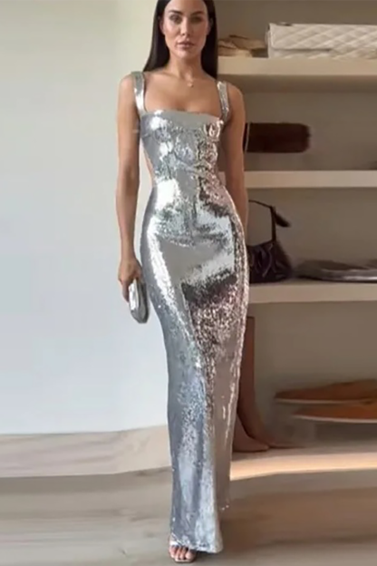 Square Neck Sequin Bodycon Open Back Party Slip Maxi Dresses-Silver-Hayhty.All Rights Reserved.