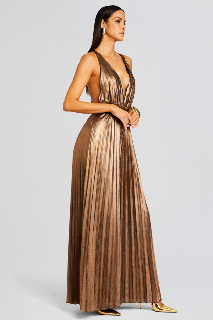 Deep V Neck Backless Pleated Wide Leg Bronzing Jumpsuit-Gold-Hayhty.All Rights Reserved.