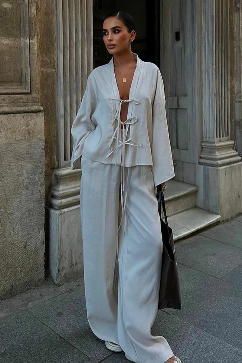 Front Tie Up Long Sleeve Top Solid Color Wide Leg Pants Matching Set-Yellow-Hayhty.All Rights Reserved.