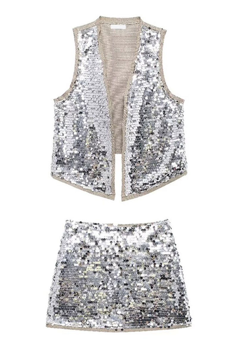 Sparkling Sequin Vest Slim Fit Mini Skirt Matching Set-Silver-Hayhty.All Rights Reserved.