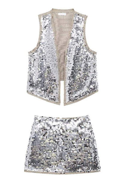 Sparkling Sequin Vest Slim Fit Mini Skirt Matching Set-Silver-Hayhty.All Rights Reserved.