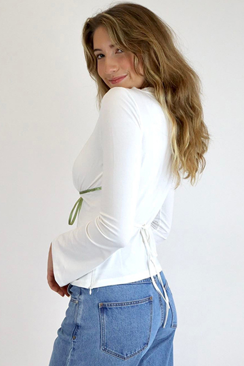 Lace Trim Colorblock Ribbon V Neck Long Sleeve Top-White-Hayhty.All Rights Reserved.