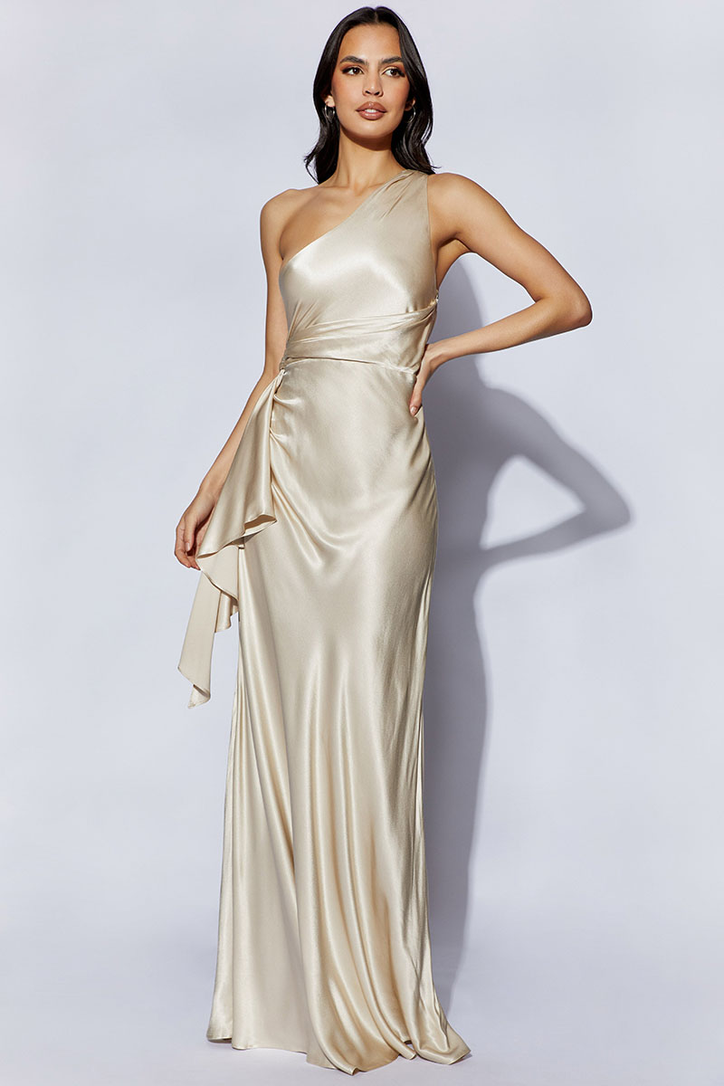 One Shoulder Drape Trim Prom Satin Maxi Dresses-Hayhty.All Rights Reserved.