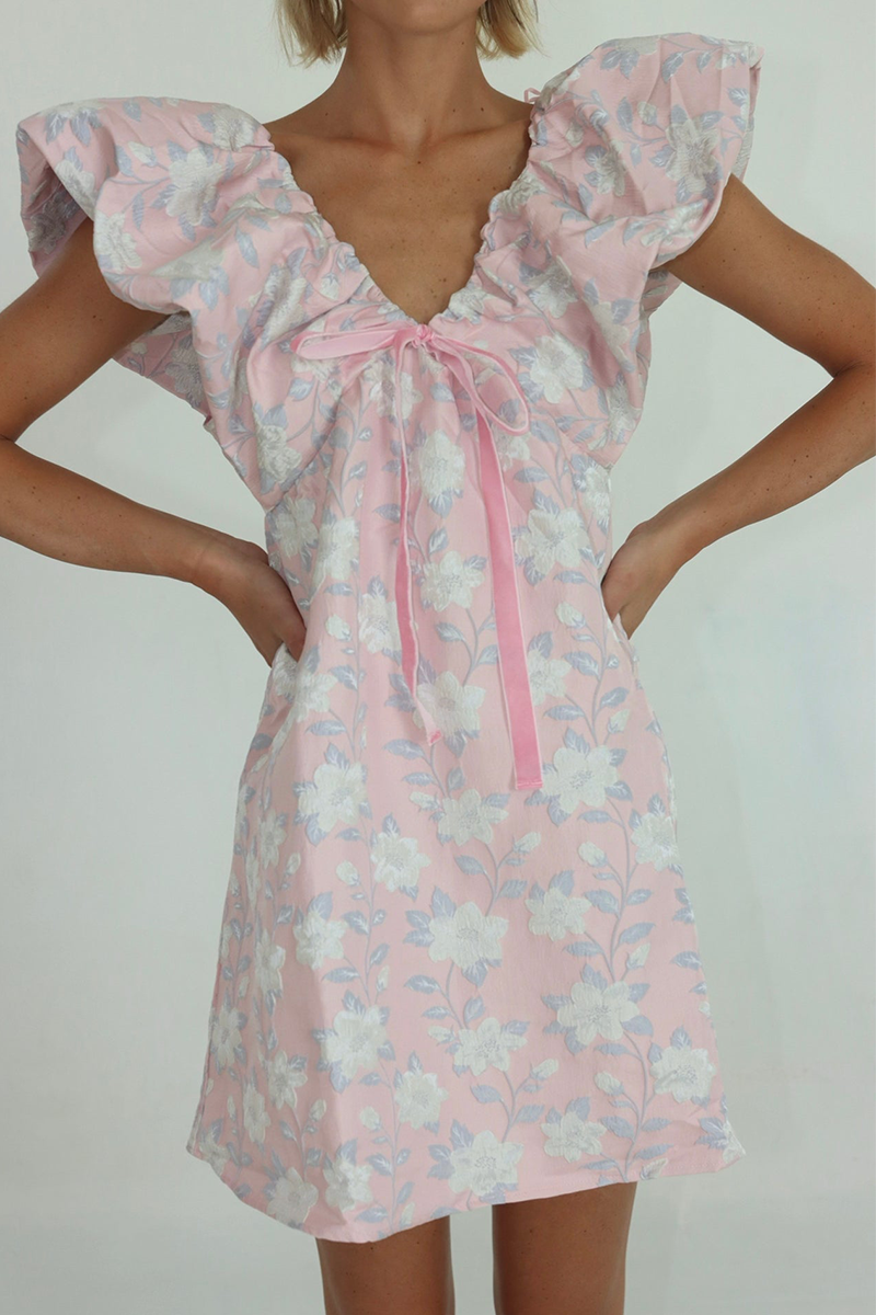 Floral Print V Neck Puffy Sleeve Tie-Up Ribbon A-Line Mini Dresses-Pink-Hayhty.All Rights Reserved.