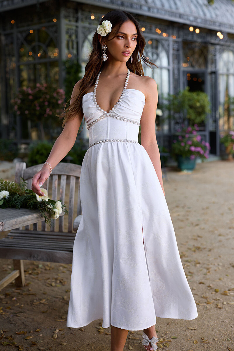Rhinestone Pearls Trim Halter Corset Slit Midi Dresses-White-Hayhty.All Rights Reserved.
