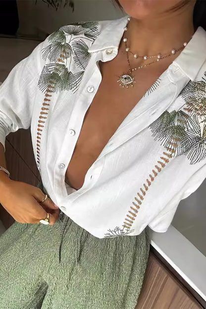 Plants Pattern Turndown Collar Blouse Wide Leg Pants Matching Set-Green-Hayhty.All Rights Reserved.