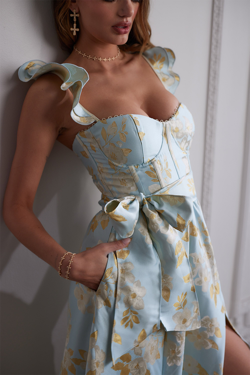 Floral Pattern Ruffled Strap Corset Tie Up Bow Slit A-Line Midi Dresses-Blue-Hayhty.All Rights Reserved.