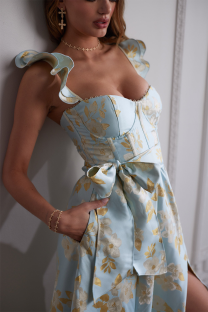 Floral Pattern Ruffled Strap Corset Tie Up Bow Slit A-Line Midi Dresses-Blue-Hayhty.All Rights Reserved.