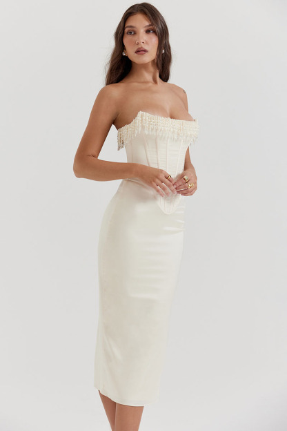 Beads Pearls Fringed Trim Strapless Corset Bodycon Midi Dresses-White-Hayhty.All Rights Reserved.