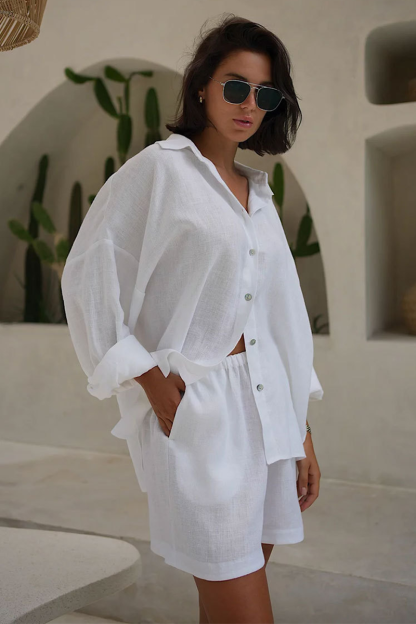 Solid Color Loose Fit Blouse Pocket Casual Shorts Matching Set-White-Hayhty.All Rights Reserved.