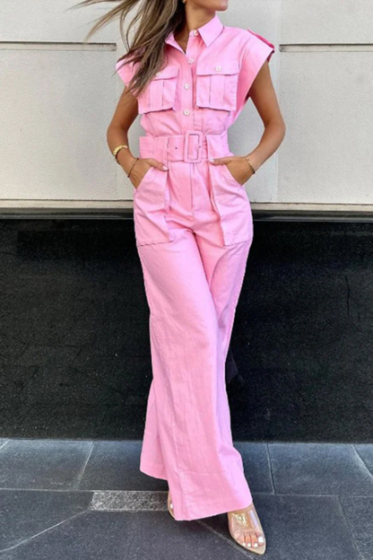 Turndown Collar Half Button Cap Sleeve Belt Wide Leg Jumpsuit-Pink-Hayhty.All Rights Reserved.