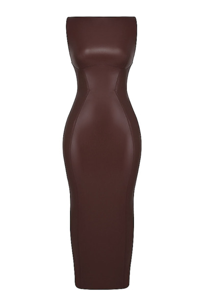 Faux Leather Bodycon Maxi Tank Dresses-Brown-Hayhty.All Rights Reserved.