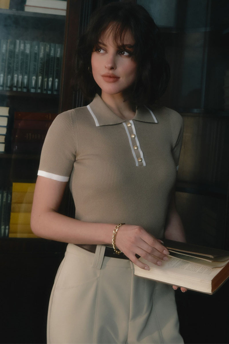 Short Sleeve Turndown Collar Half Button-Up Colorblock Trim Knit Top-White-Hayhty.All Rights Reserved.