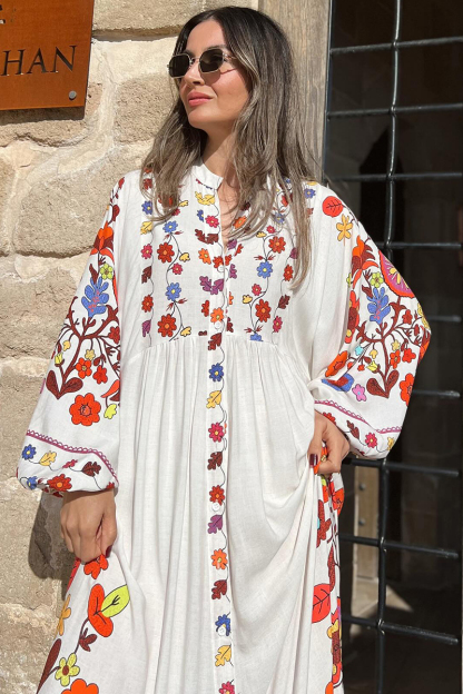 Long Sleeve Notched V Collar Floral Print Vacation Maxi Dresses-Hayhty.All Rights Reserved.