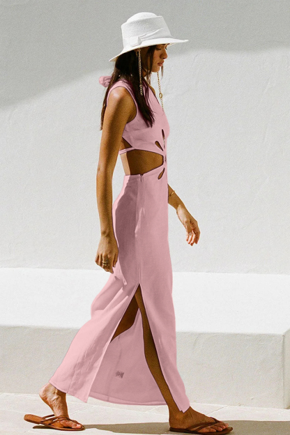 White Cutout Hollow Out Tied Up Sleeveless High Neck Slit Slim Maxi Dresses-Hayhty.All Rights Reserved.