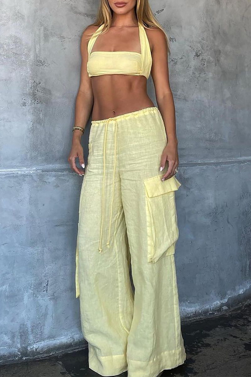 Halter Crop Top Oversize Pocket Wide Leg Pants Matching Set-Yellow-Hayhty.All Rights Reserved.
