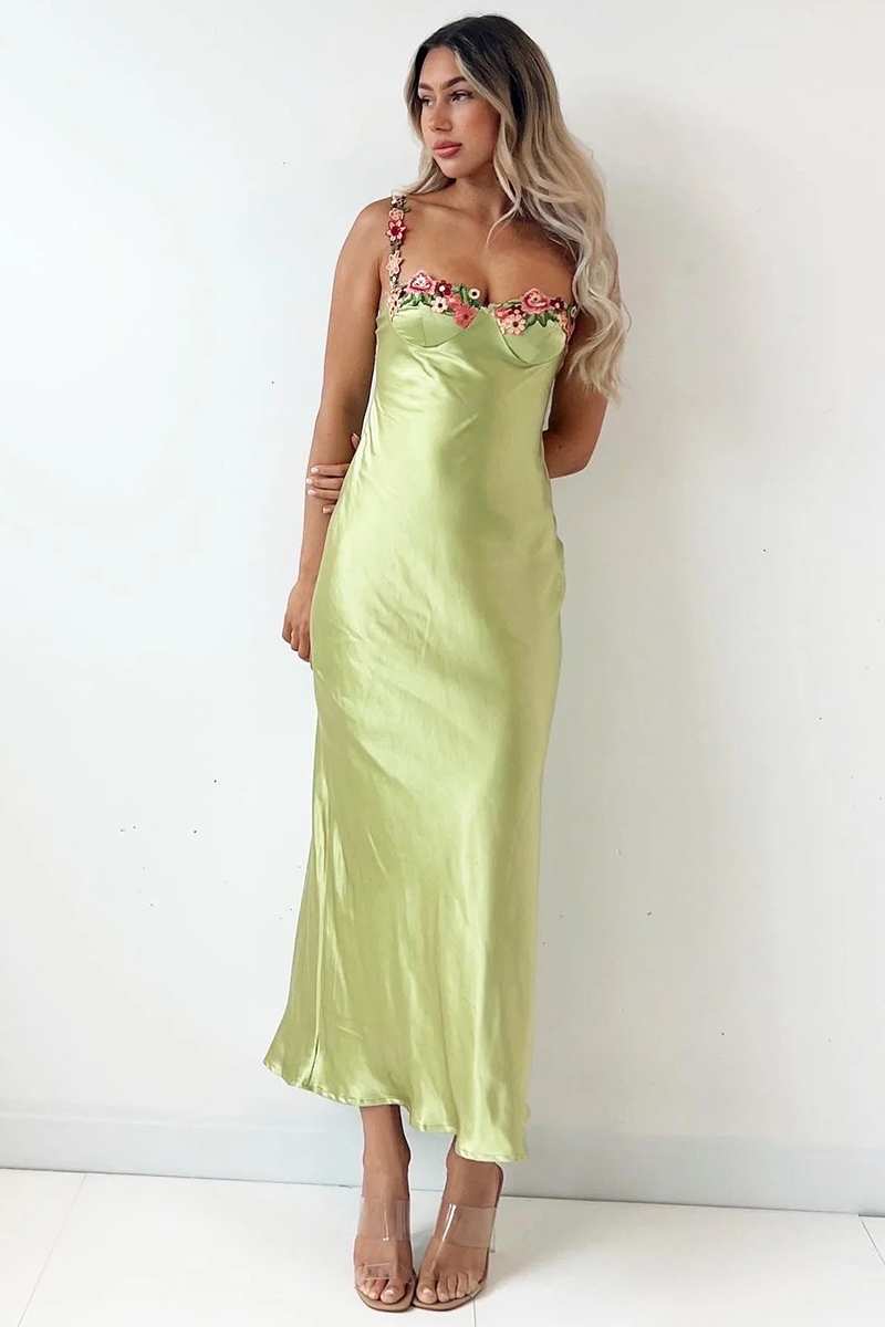 Embroidered Flower Boat Neck High Slit Satin Slim Garden Party Slip Maxi Dresses-Hayhty.All Rights Reserved.