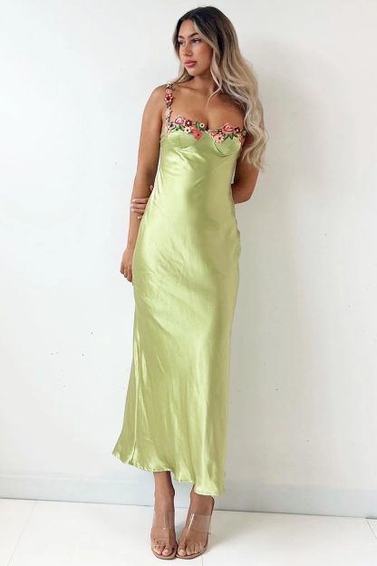 Embroidered Flower Boat Neck High Slit Satin Slim Garden Party Slip Maxi Dresses-Hayhty.All Rights Reserved.
