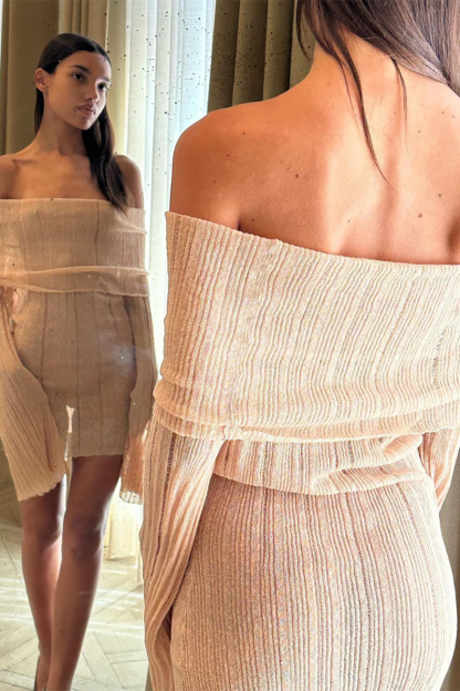 Knit Off Shoulder Flare Sleeve Frayed Slim Fit Mini Dresses-Beige-Hayhty.All Rights Reserved.