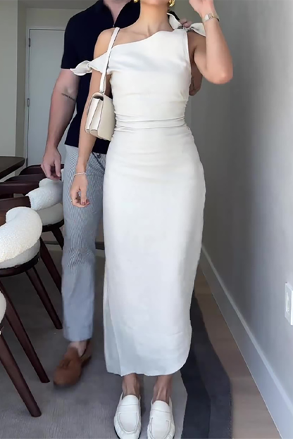 Skew Neck One Shoulder Tie Up Slim Fit Solid Color Midi Dresses-White-Hayhty.All Rights Reserved.