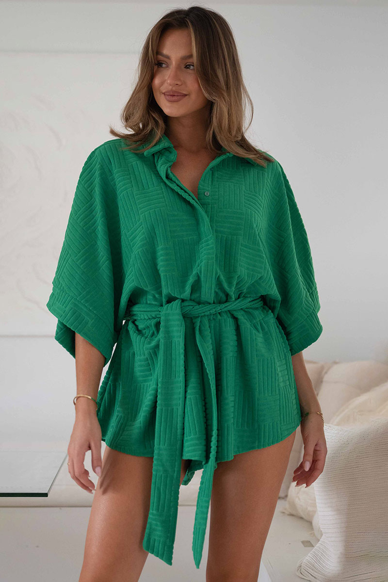 Sleeve Tied Button Down Oversized Waist Rompers-Hayhty.All Rights Reserved.