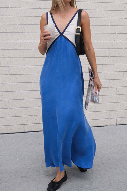 Deep V Neck Colorblock Loose Fit Maxi Tank Dresses-Green-Hayhty.All Rights Reserved.