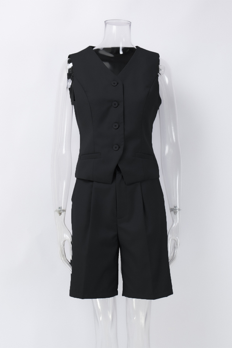 V Neck Button Up Vest Plain Shorts Matching Set-Grey-Hayhty.All Rights Reserved.