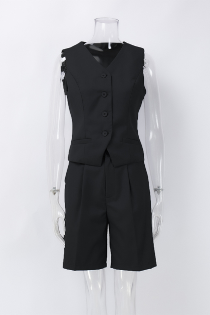 V Neck Button Up Vest Plain Shorts Matching Set-Grey-Hayhty.All Rights Reserved.