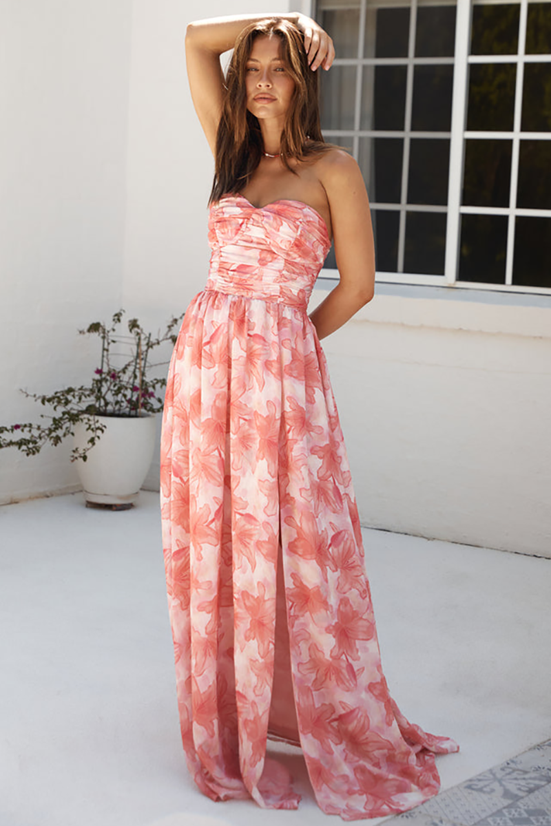 Floral Print Strapless High Slit Flowy Hem Maxi Dresses-Red-Hayhty.All Rights Reserved.