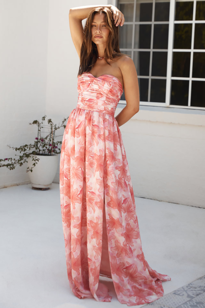 Floral Print Strapless High Slit Flowy Hem Maxi Dresses-Red-Hayhty.All Rights Reserved.