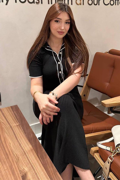 Short Sleeve Half Button-Up Slim-Fit Colorblock Trim Knit Maxi Dresses-White-Hayhty.All Rights Reserved.