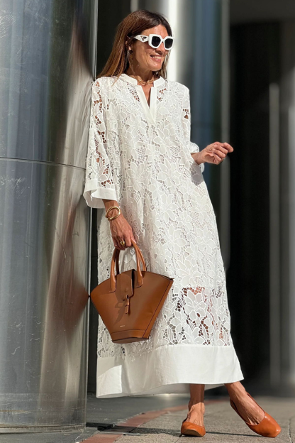 V Neck 3/4 Sleeve Floral Pattern Lace Loose Fit Cover Ups Midi Dresses-White-Hayhty.All Rights Reserved.
