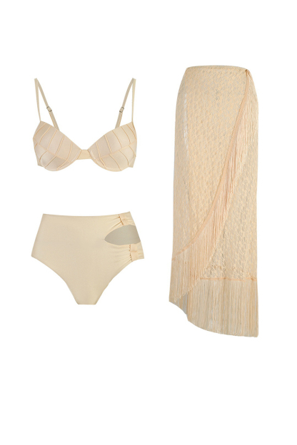 Cami Bra Fringe Lace Cover Ups Maxi Skirt Bikini Three-Piece Set-Beige-Hayhty.All Rights Reserved.