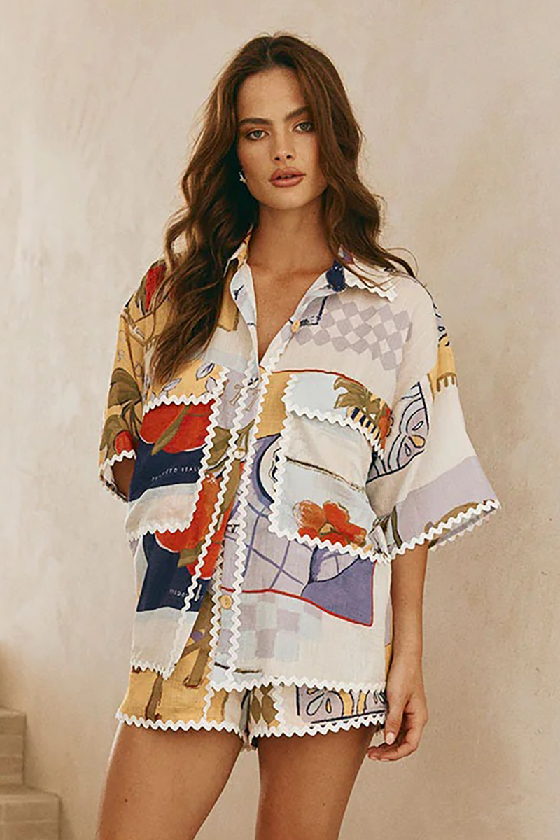 Wavy Trim Mixed Print Half Sleeve Pocket Blouse Shorts Matching Set-Beige-Hayhty.All Rights Reserved.