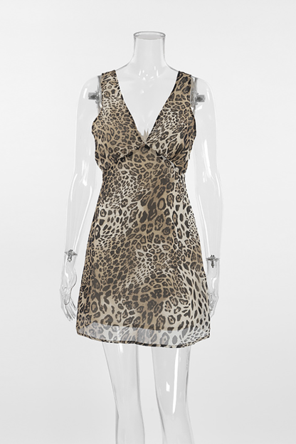 Leopard Print Deep V Neck Slim Fit Mini Tank Dresses-Brown-Hayhty.All Rights Reserved.