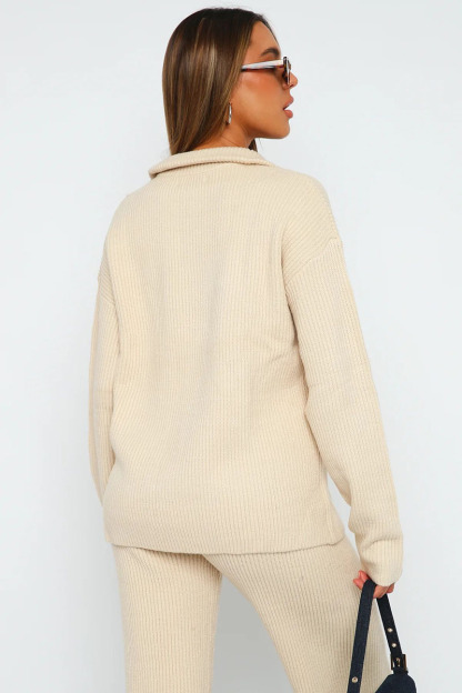 Turndown Collar Long Sleeve Sweater Plain Pants Matching Set-Beige-Hayhty.All Rights Reserved.