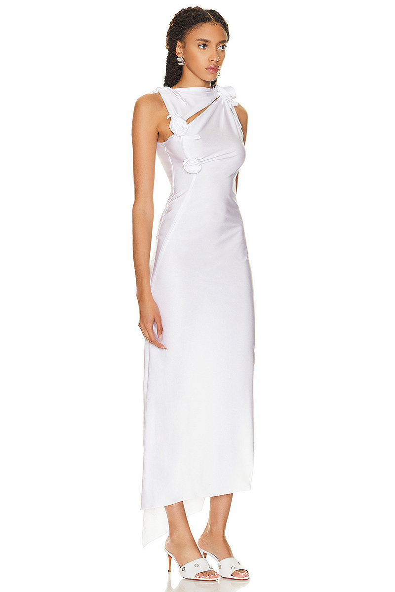 3D Flower Decor Asymmetric Neck Sleeveless Satin Formal Party High Slit Maxi Dresses-Hayhty.All Rights Reserved.