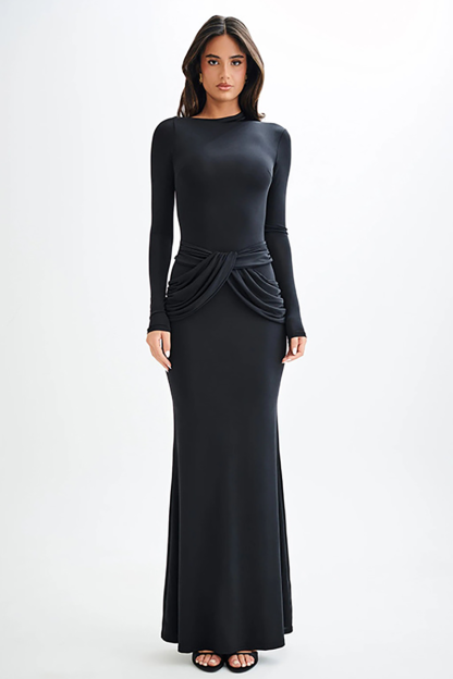 Round Neck Long Sleeve Ruched Bodycon Fishtail Maxi Dresses-Black-Hayhty.All Rights Reserved.