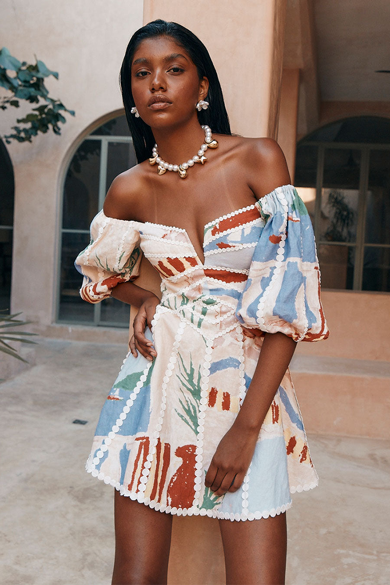 Painting Print Off Shoulder Puff Sleeve A-Line Mini Dresses-Beige-Hayhty.All Rights Reserved.