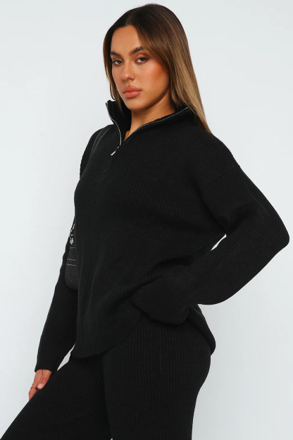 Turndown Collar Long Sleeve Sweater Plain Pants Matching Set-Beige-Hayhty.All Rights Reserved.