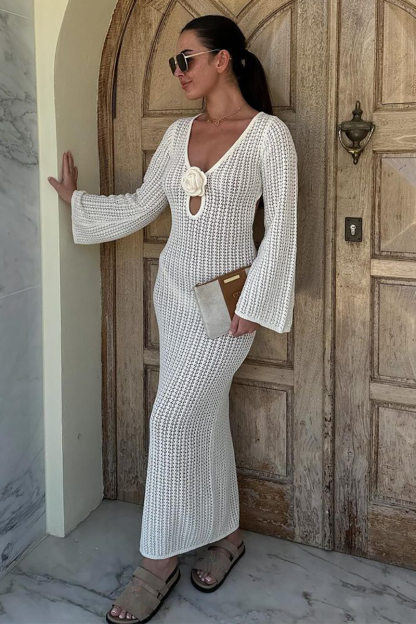 Deep V Neck 3D Flower Decor Long Sleeve Backless Knit Maxi Dresses-White-Hayhty.All Rights Reserved.