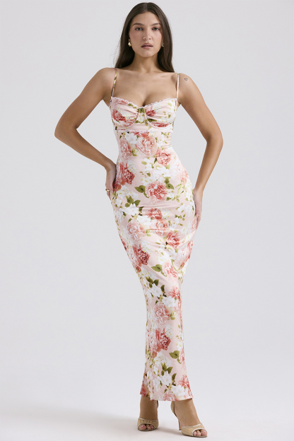 Floral Print Lace Trim Spaghetti Strap Back Slit Hem Slim Fit Maxi Dresses-Pink-Hayhty.All Rights Reserved.